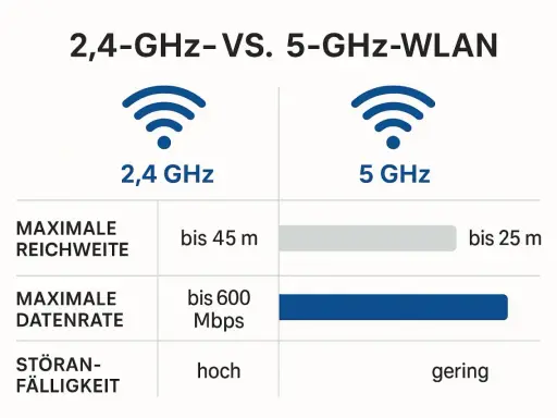 Vergleichstabelle: 2,4 GHz vs. 5 GHz WLAN. So kannst du die WLAN Frequenz herausfinden und die Unterschiede bei Reichweite, Datenrate und Störanfälligkeit erkennen.