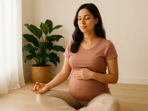 Gravid kvinna sitter i lotusställning och utövar meditation. Hon har slutna ögon och en hand på sin mage. En grön växt står i bakgrunden.