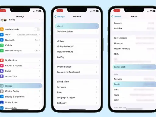 Ekran iPhone'a z ustawieniami. Widać opcję "Carrier Lock", która informuje o blokadzie simlock.