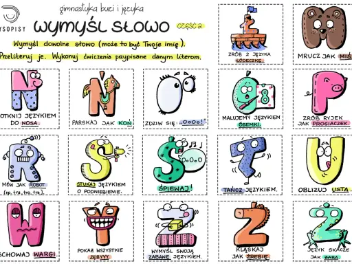 Ćwiczenia na seplenienie: litery N, K, O, M, P, R, S, Ś, T, U, W, Y, Z, Ż. Zabawy z językiem dla dzieci.