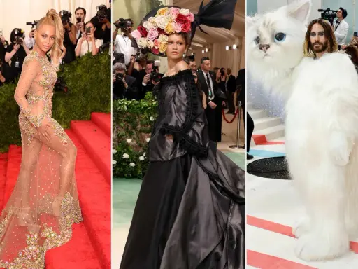Beyoncé in sheer gown, Zendaya in black dress with floral hat, and Jared Leto in a cat costume.