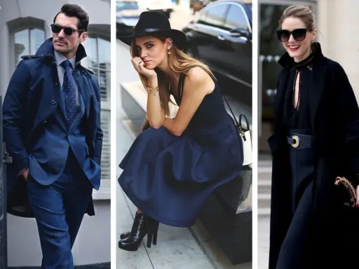 Uomo in abito blu, donna con cappello e gonna blu, donna in cappotto nero. Blu e nero stanno bene insieme, creando look eleganti.