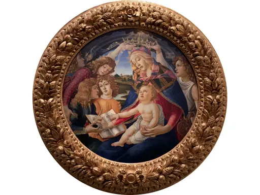 La Madone du Magnificat, entourée d'anges, est couronnée par deux d'entre eux. L'Enfant Jésus, sur les genoux de sa mère, touche un livre.