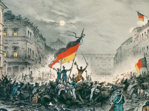 Straßenschlacht in Berlin 1848. Barrikaden, Aufständische mit Fahnen und Soldaten im Kampf. Die gegenrevolution 1848 ist im Gange.