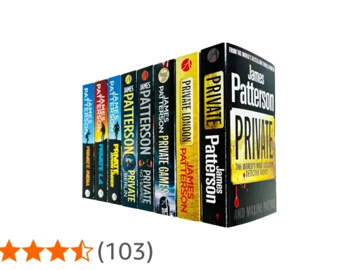 Una fila di libri della serie "Private" di James Patterson, disposti in ordine cronologico.