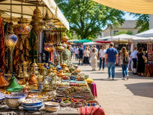 Bunte Lampen, Keramik und Textilien auf einem orientalischen Warenmarkt. Menschen schlendern zwischen den Ständen hindurch.