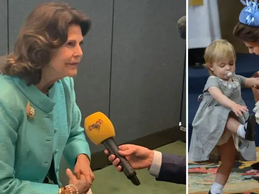 Drottning Silvia som barn, en söt liten flicka med napp. Bredvid en intervju med drottningen idag.