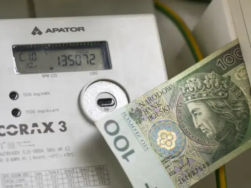 Licznik energii elektrycznej z banknotem 100 zł. Wysokie rachunki za prąd to problem, ale dodatek energetyczny może pomóc.