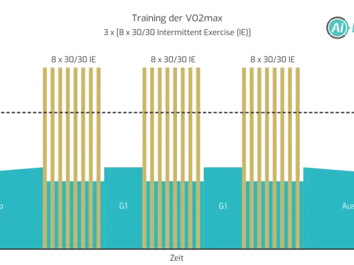 Diagramm zeigt ein VO2max-Training mit Aufwärmen, Intervalltraining (8x 30/30 IE) und Ausfahren.