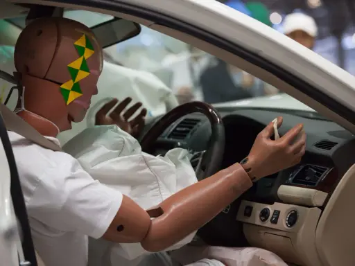 Maniquí en un coche, con el airbag desplegado. El airbag, entre otras funciones, protege de impactos.