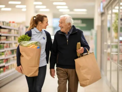 Eine junge Frau hilft einem älteren Mann beim Einkaufen. Dies zeigt, was soziale Dienstleistungen sind: Unterstützung im Alltag.