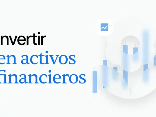 Texto "Invertir en activos financieros" con gráfico de velas y un icono de tendencia.