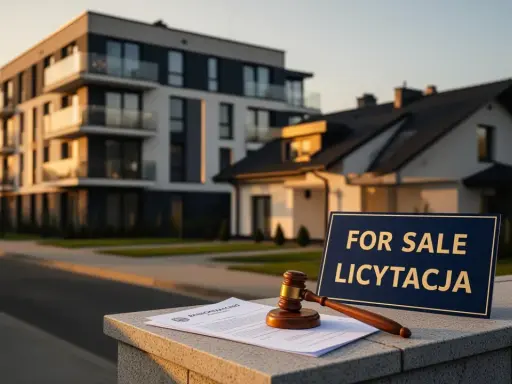Młotek sędziowski i dokumenty na tle nowoczesnych budynków. Tabliczka "FOR SALE LICYTACJA" zapowiada **egzekucję z nieruchomości**.
