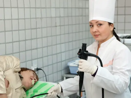 Lekarka w białym fartuchu i czepku przygotowuje pacjenta do gastroskopii, trzymając endoskop.