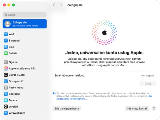 Ekran logowania do iCloud. Wpisz email lub numer telefonu, aby utworzyć nowe konto Apple i korzystać z usług chmury.