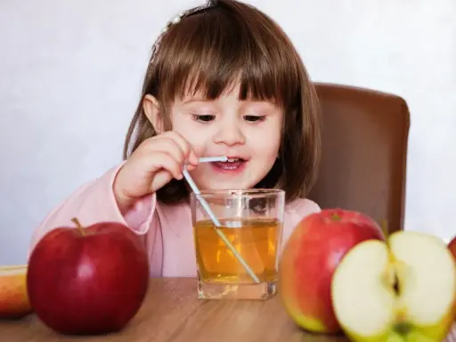 Mała dziewczynka pije sok jabłkowy, który pomaga na zaparcia. Obok stoją jabłka.