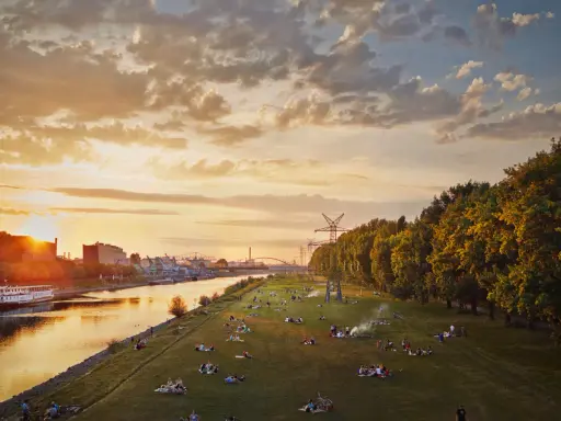 Sonnenuntergang an der Neckarwiese Mannheim. Menschen entspannen im Gras, während die Sonne hinter Industriegebäuden untergeht.