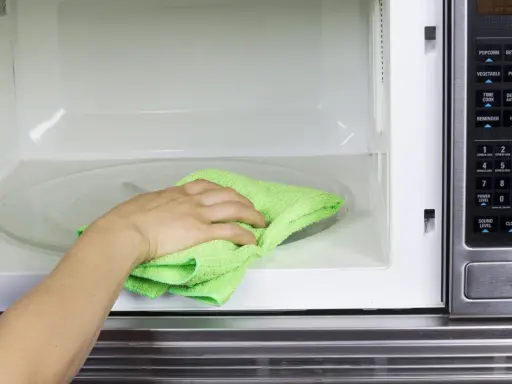 Mano con paño verde limpiando el interior de un microondas.