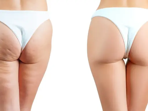 Comparaison avant/après : réduction visible de la cellulite sur les fesses, peau plus lisse et ferme.