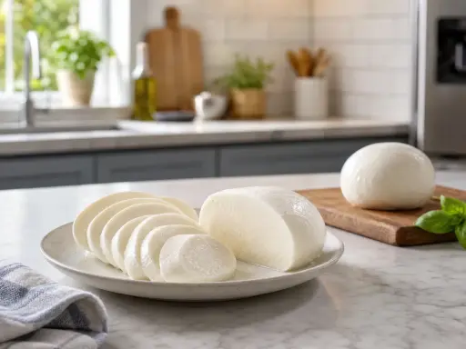 Frischer Mozzarella, angeschnitten und als Kugel auf einem Brett. Ja, kann man Mozzarella einfrieren, um ihn länger haltbar zu machen.