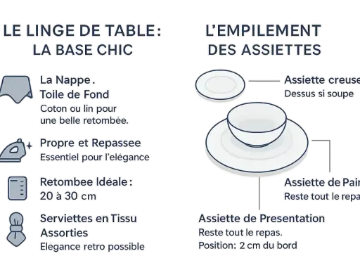 L'art de la table en France : conseils pour la nappe, les serviettes et l'empilement des assiettes pour une présentation élégante.