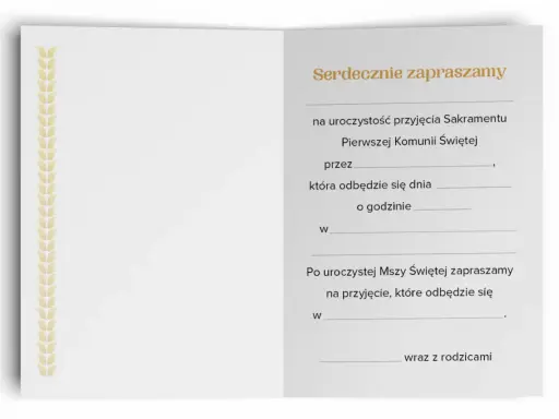 Szablon zaproszenia na komunię. Tekst informuje, jak wypisać zaproszenia na komunię, podając datę, godzinę i miejsce uroczystości.