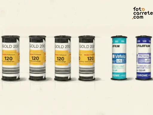 Seis carretes de película fotográfica: tres Kodak Gold 200, dos Fujifilm Velvia y Provia. Cada uno indica 120 y cuántas fotos tiene un carrete.