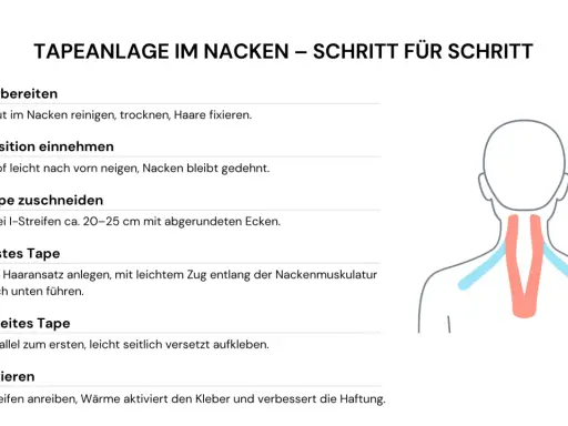 Anleitung zur Tapeanlage im Nacken. Hilft bei nackenschmerzen schnell. Schritt-für-Schritt-Anleitung mit Illustration.