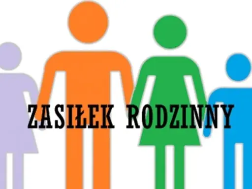 Kolorowe sylwetki rodziny z napisem "ZASIŁEK RODZINNY".