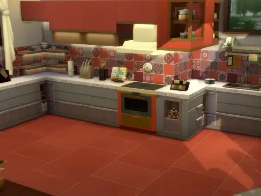 Nowoczesna kuchnia z czerwonymi szafkami i płytkami. Czas debug the Sims 4, by wszystko działało idealnie.