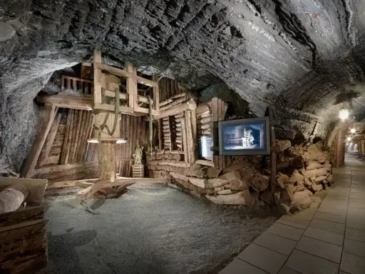 W kopalni soli w Bochni, na trasie turystycznej, zobaczysz historyczne urządzenia i drewniane konstrukcje.