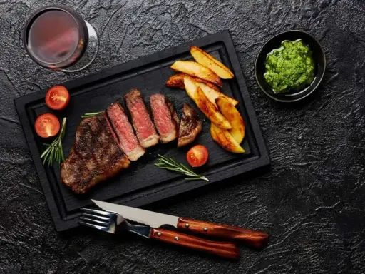 Picaña jugosa, patatas rústicas y salsa verde. Un festín que te transporta a Brasil, de donde es la picaña.