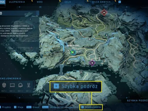 Mapa taktyczna z gry halo, pokazuje punkty WBO i opcję szybkiej podróży.
