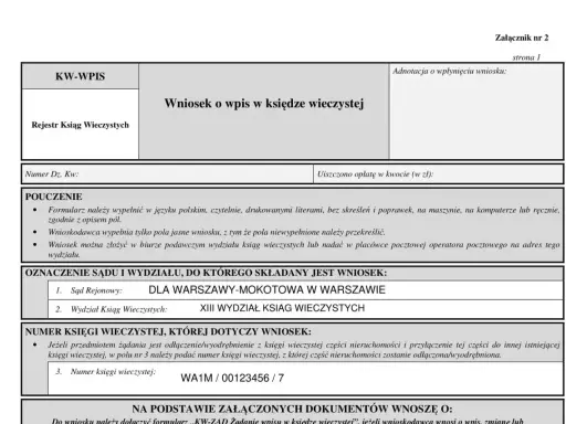 Formularz wniosku o wpis do księgi wieczystej. Wniosek dotyczy wykreślenia z księgi wieczystej nieruchomości.