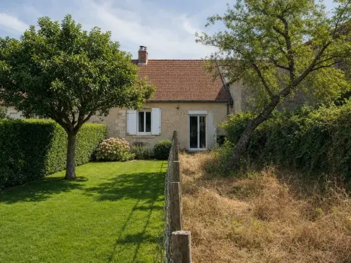Maison avec jardin bien entretenu, symbolisant l'obligation d'entretien jardin propriétaire. Pelouse verte, haie taillée, arbre fruitier.