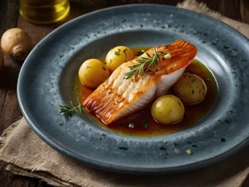 Delicioso filete de raya guisada a la gallega, servido con patatas pequeñas y romero en un plato azul.