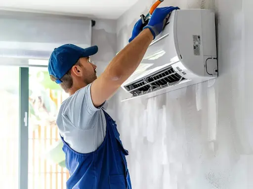 Technicien en bleu ajustant un évaporateur clim mural.