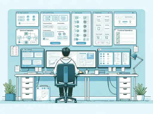 Programista pracuje nad test scenario, analizując dane na wielu monitorach.