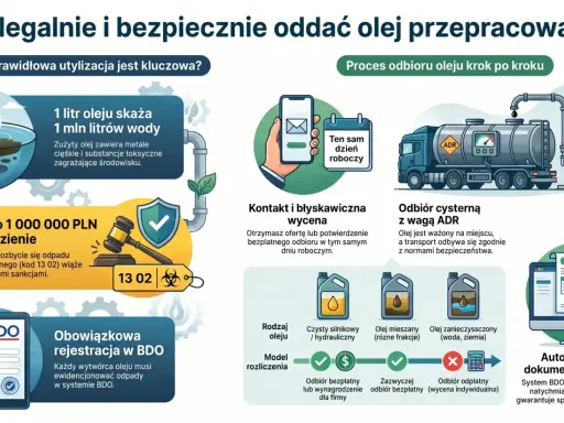 Legalny odbiór oleju silnikowego: od kontaktu po e-KPO. Dowiedz się, jak bezpiecznie oddać przepracowany olej i uniknąć kar.