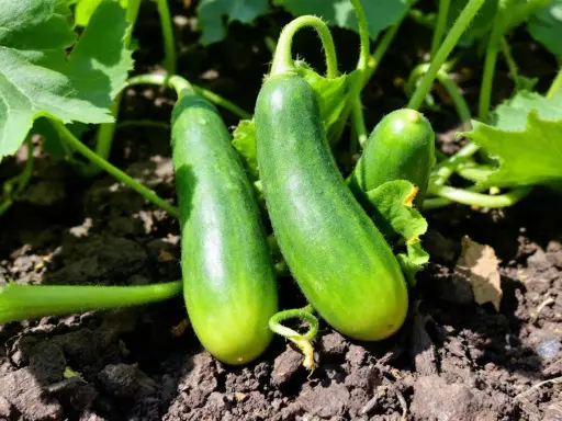 Trois concombres verts poussent sur un pied de concombre, entourés de feuilles luxuriantes et de terre sombre.