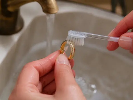 Maintenir l'éclat de vos bijoux en or : une brosse à dents et de l'eau suffisent pour nettoyer des bijoux en or ternis.