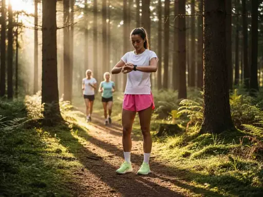 Frauen joggen im Wald und prüfen ihre Smartwatch, um zu sehen, wie oft sie in der Woche joggen.
