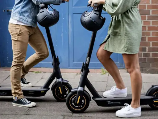 Apprenez comment utiliser une trottinette électrique pour vos déplacements urbains. Deux personnes se tiennent prêtes à partir.