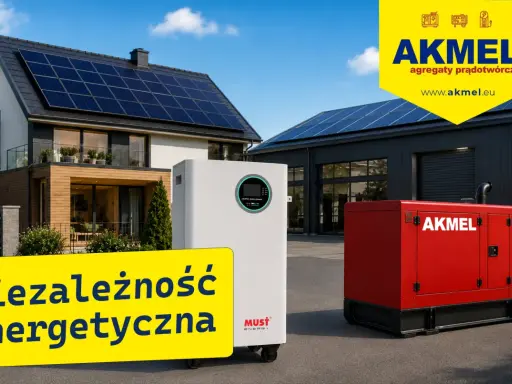 Dom z panelami słonecznymi, biały magazyn energii i czerwony agregat prądotwórczy AKMEL. Dowiedz się, jak wytworzyć prąd i osiągnąć niezależność energetyczną.