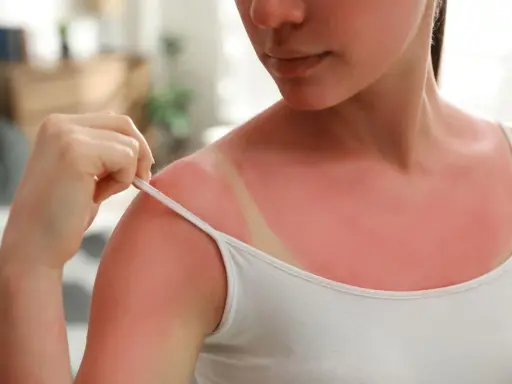 Épaule rouge vif, marquée par une cicatrice soleil due à un coup de soleil. La peau est irritée, témoignant d'une exposition excessive au soleil.