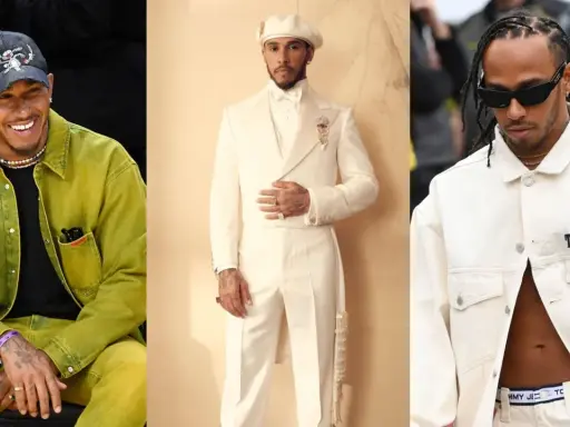 Lewis Hamilton showcases his bold Lewis Hamilton fashion sense in three distinct looks: a vibrant lime green outfit, a sharp cream suit with a beret, and a casual cream jacket with sunglasses.