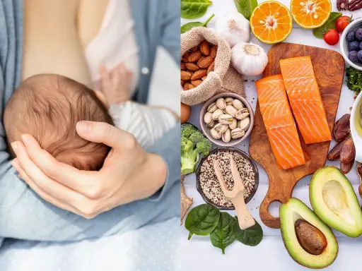 Nutricionista embarazo: lactancia y alimentos saludables como salmón, aguacate, frutos secos y verduras.