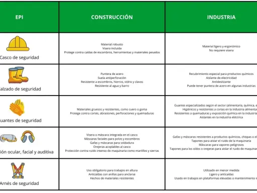 Tabla comparativa de equipos de protección individual (EPI) para construcción e industria: cascos, calzado, guantes, protección ocular/auditiva y arneses.