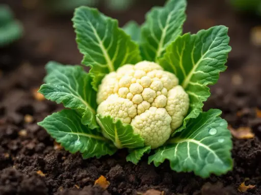 Un chou-fleur blanc et frais, prêt à être récolté, pousse dans la terre. La saison du chou-fleur est là !