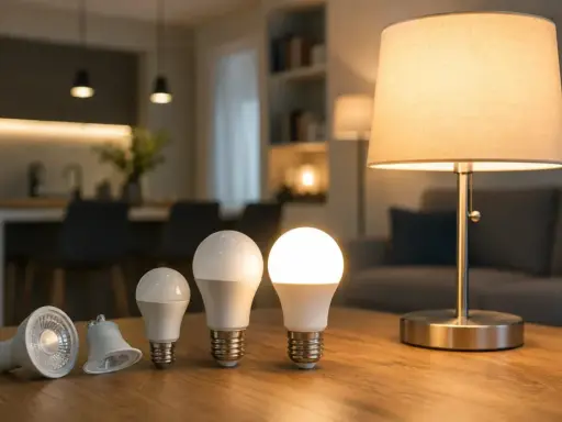 Różne żarówki LED na drewnianym stole. Czy 3000 lumenów to dużo? Obok stoi zapalona lampka stołowa.